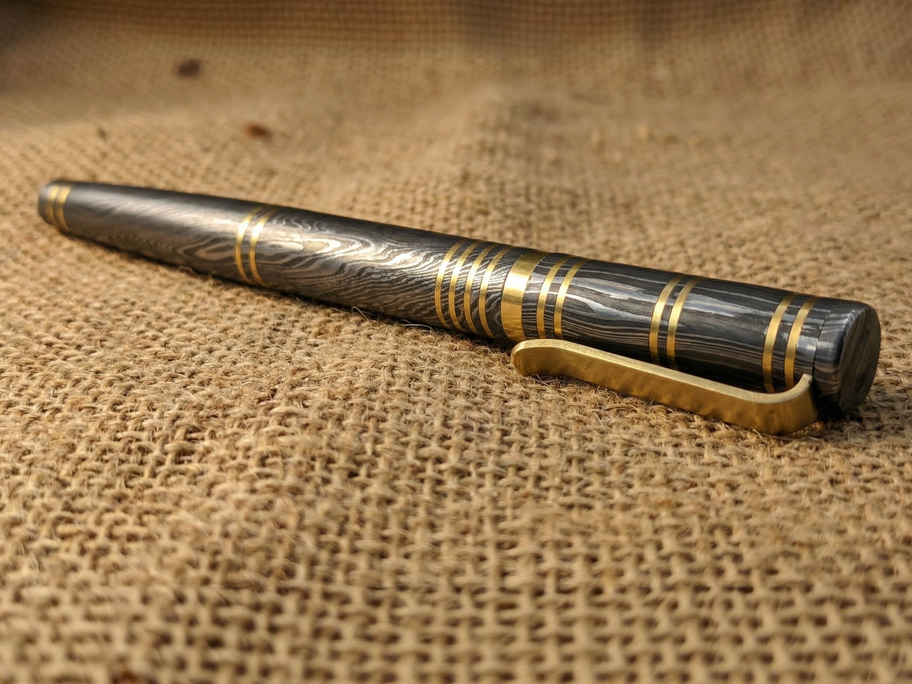 Damascus Steel Ballpoint Pen with Brass Accents - Hand-Forged - Gift Boxed