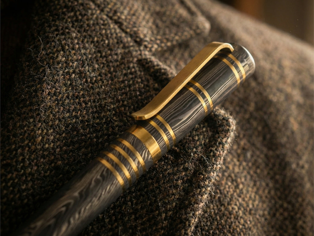 Damascus Steel Ballpoint Pen with Brass Accents - Hand-Forged - Gift Boxed