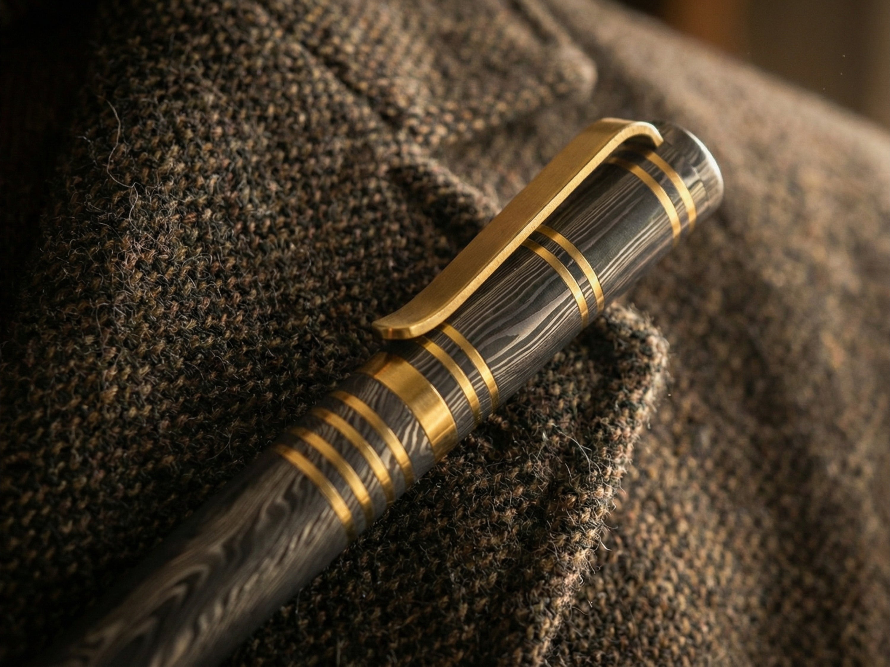 Damascus Steel Ballpoint Pen with Brass Accents - Hand-Forged - Gift Boxed