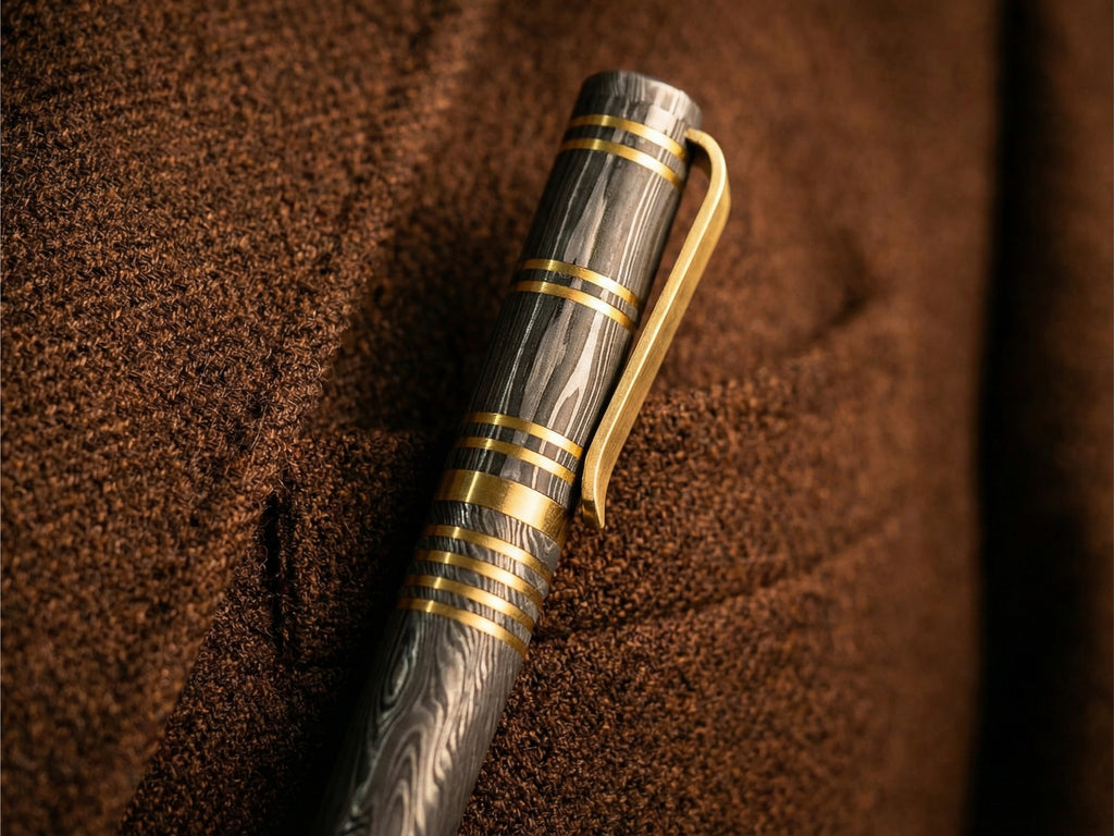 Damascus Steel Ballpoint Pen with Brass Accents - Hand-Forged - Gift Boxed