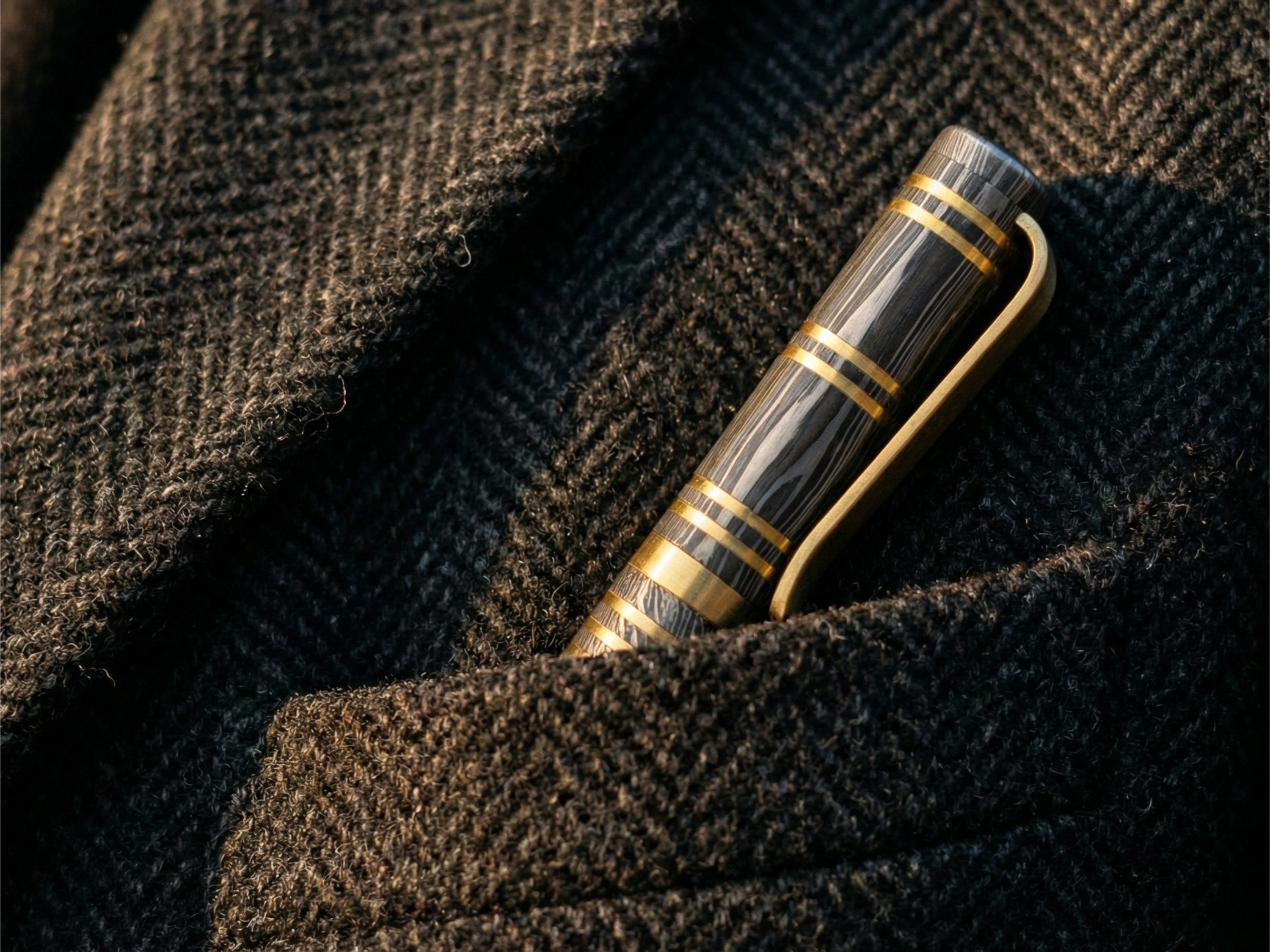 Damascus Steel Ballpoint Pen with Brass Accents - Hand-Forged - Gift Boxed