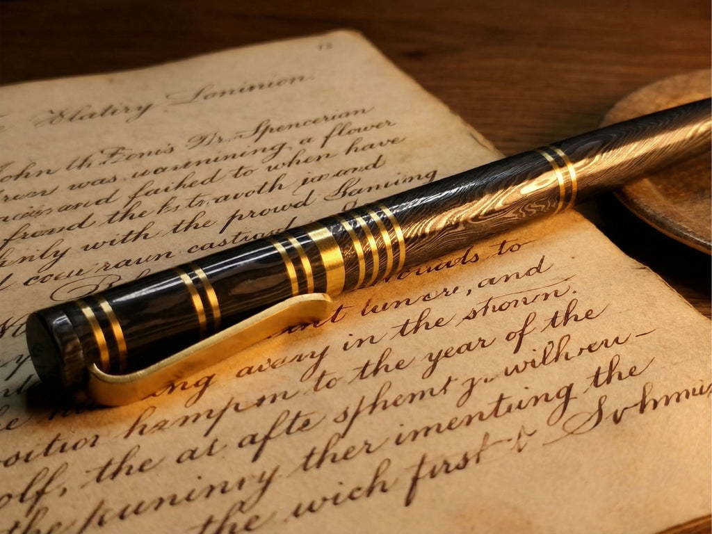 Damascus Steel Ballpoint Pen with Brass Accents - Hand-Forged - Gift Boxed