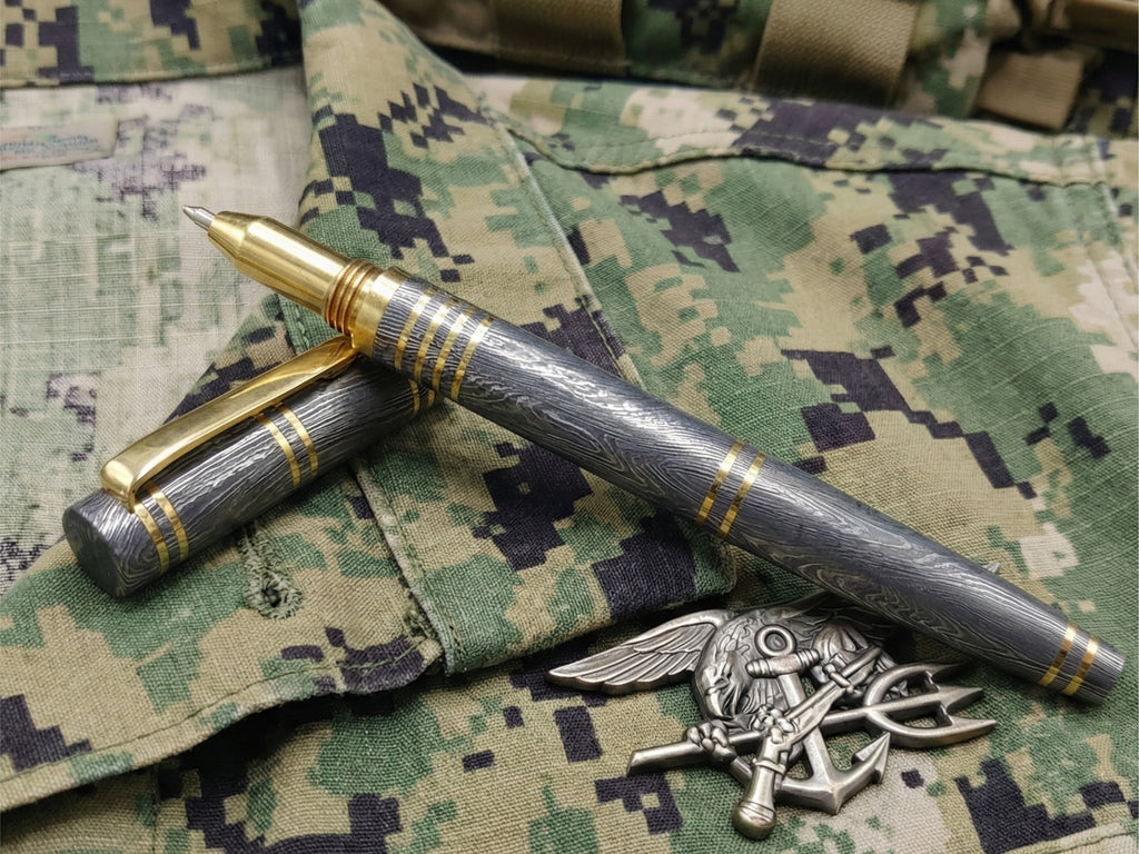 Damascus Steel Ballpoint Pen with Brass Accents - Hand-Forged - Gift Boxed
