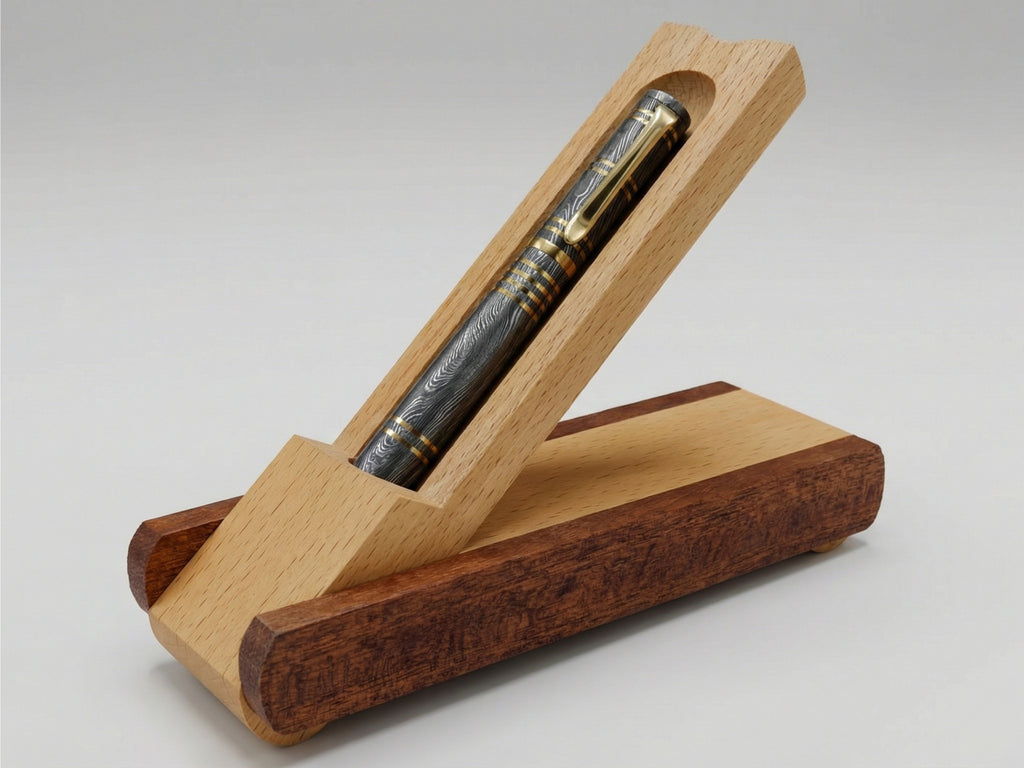Damascus Steel Ballpoint Pen with Brass Accents - Hand-Forged - Gift Boxed