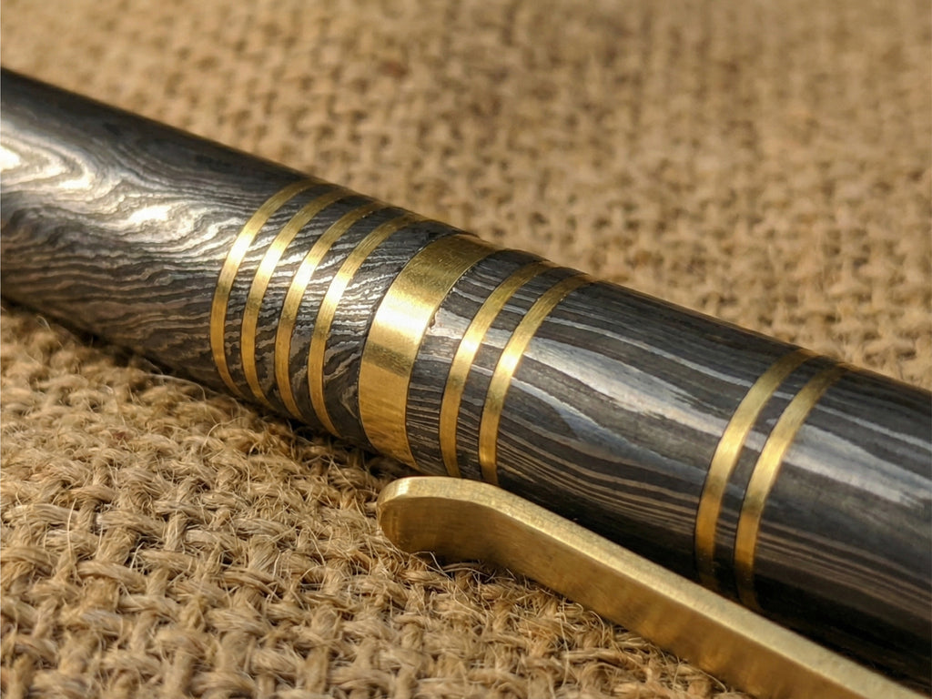 Damascus Steel Ballpoint Pen with Brass Accents - Hand-Forged - Gift Boxed
