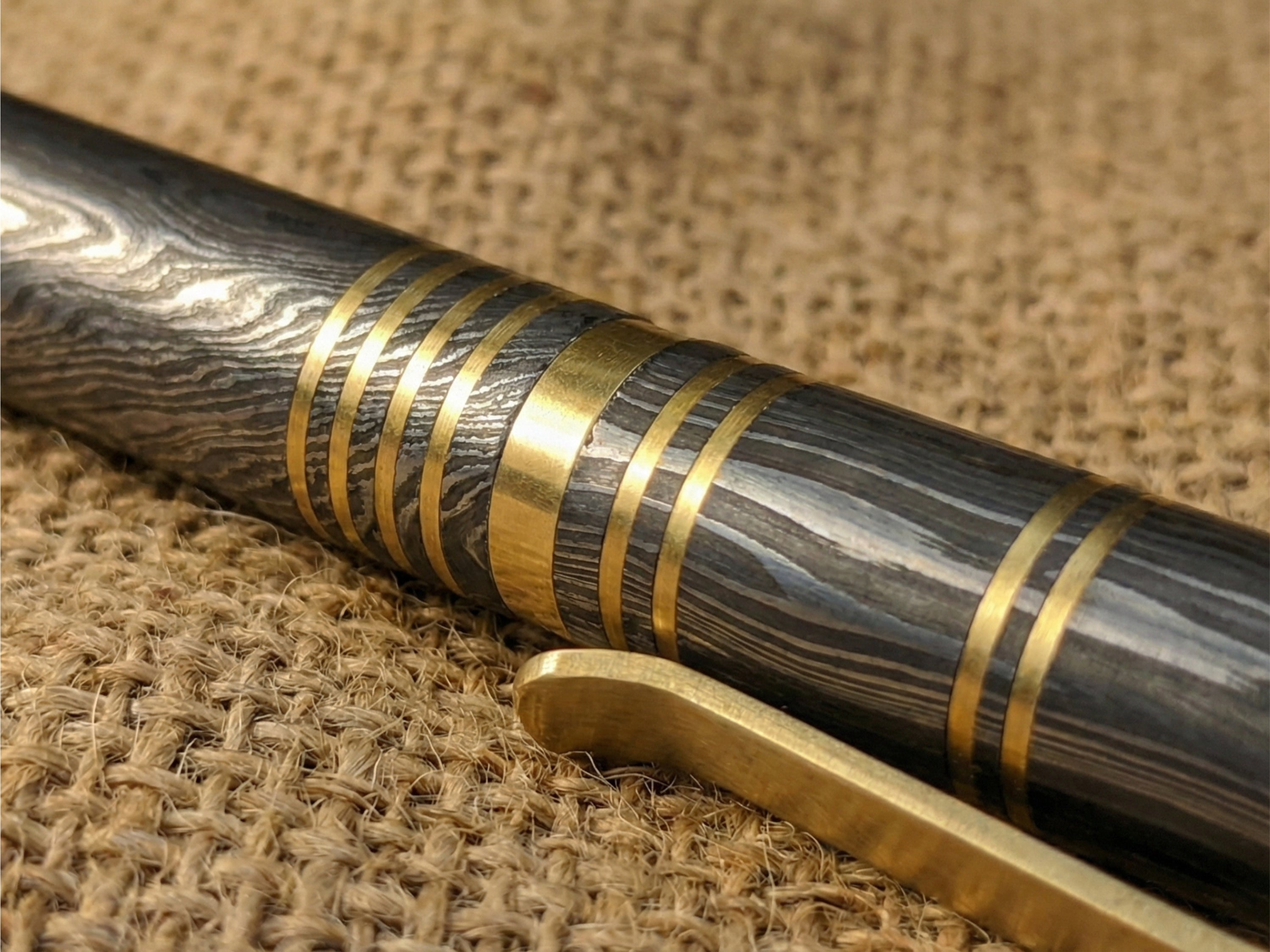 Damascus Steel Ballpoint Pen with Brass Accents - Hand-Forged - Gift Boxed