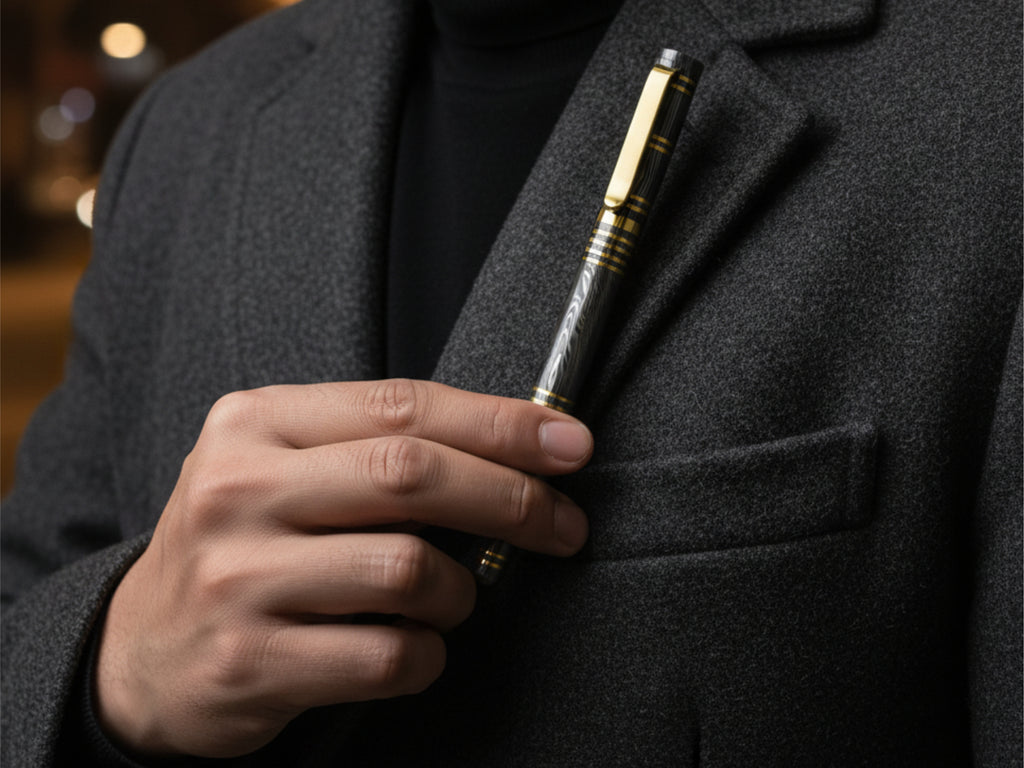 Damascus Steel Ballpoint Pen with Brass Accents - Hand-Forged - Gift Boxed