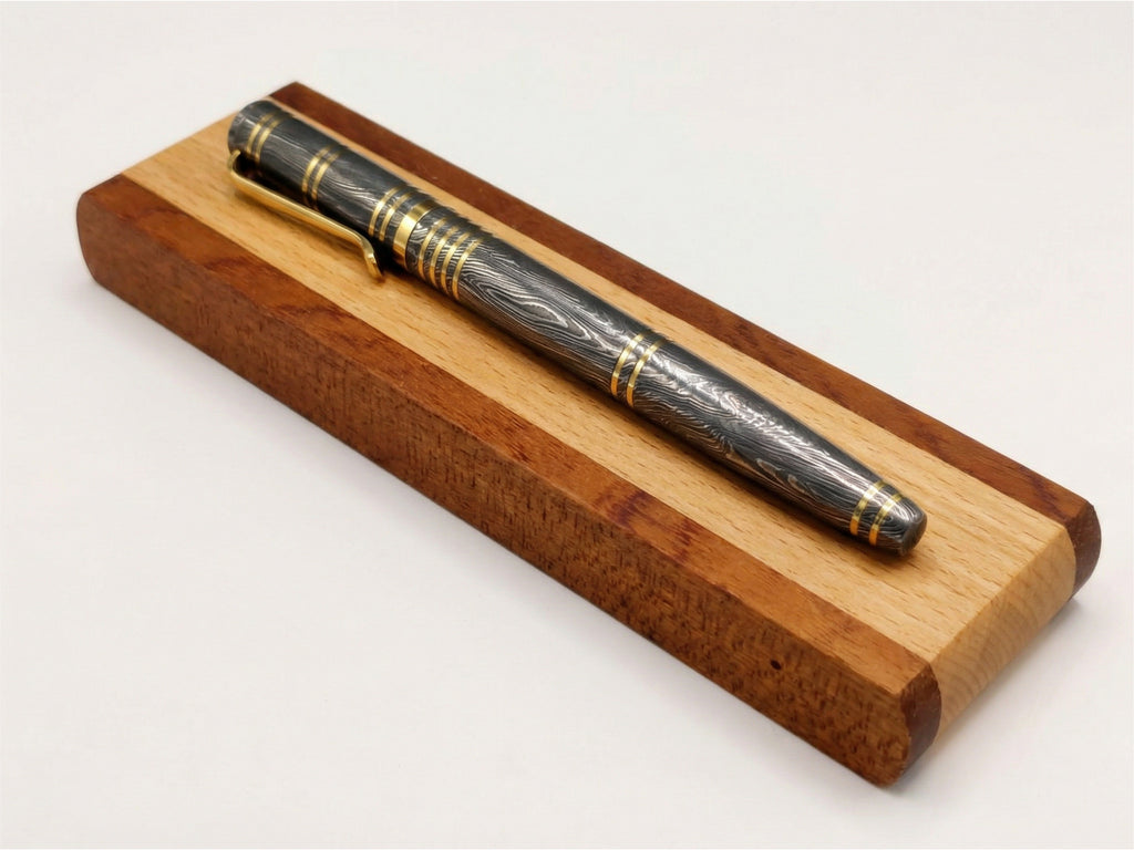 Damascus Steel Ballpoint Pen with Brass Accents - Hand-Forged - Gift Boxed