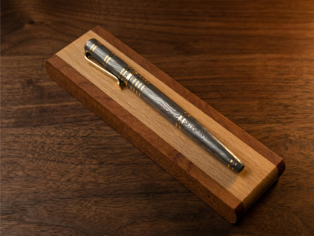 Damascus Steel Ballpoint Pen with Brass Accents - Hand-Forged - Gift Boxed
