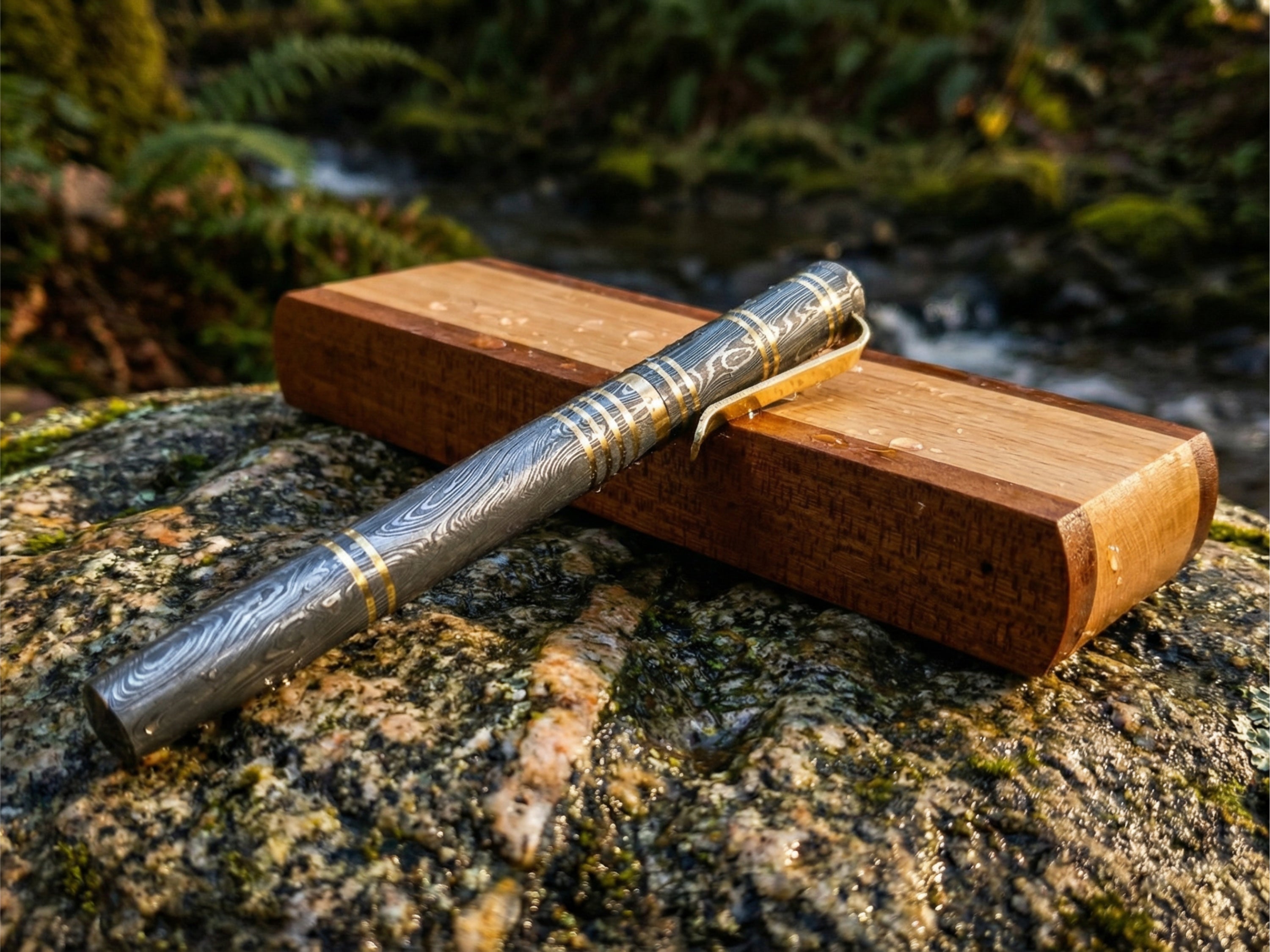 Damascus Steel Ballpoint Pen with Brass Accents - Hand-Forged - Gift Boxed