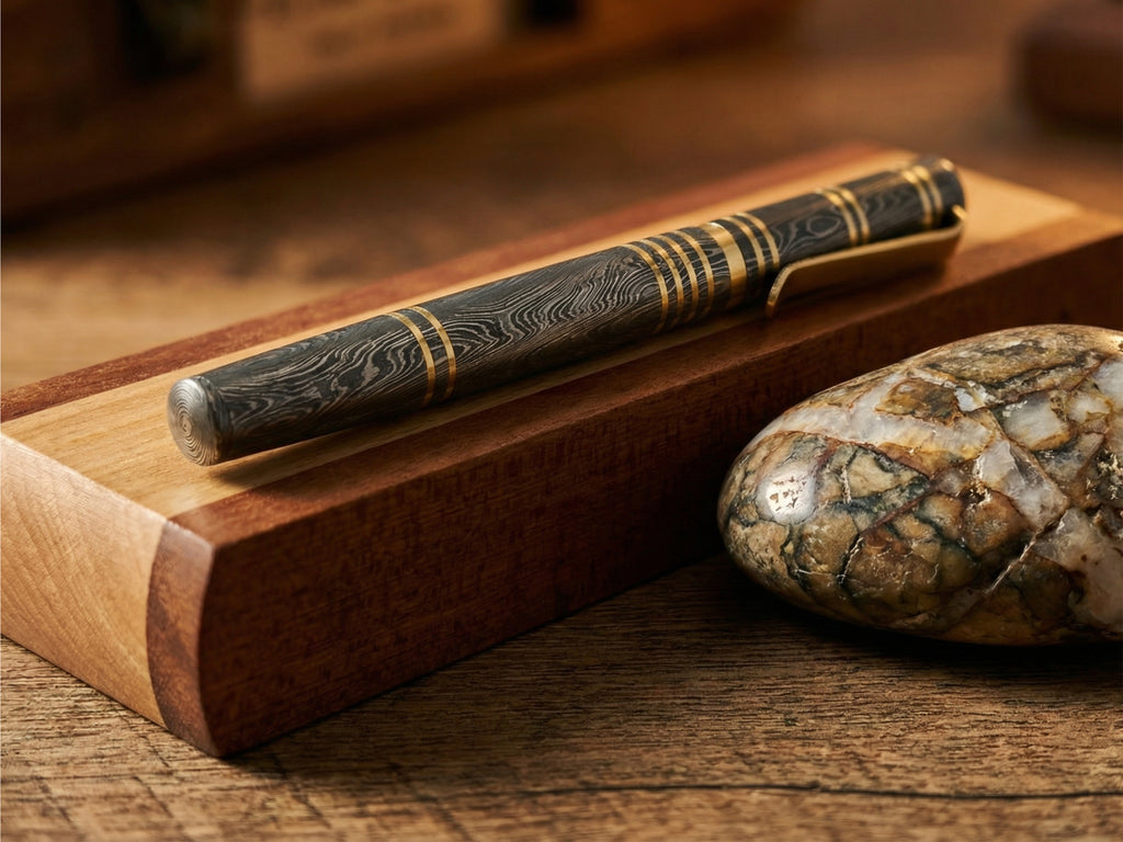 Damascus Steel Ballpoint Pen with Brass Accents - Hand-Forged - Gift Boxed