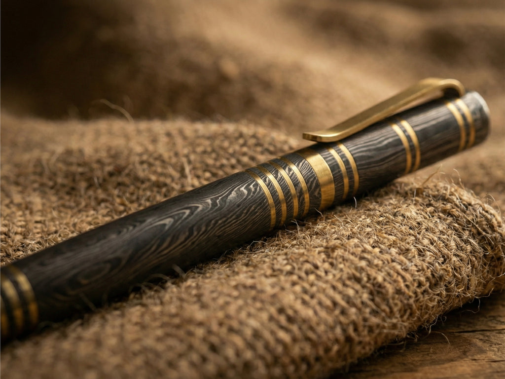 Damascus Steel Ballpoint Pen with Brass Accents - Hand-Forged - Gift Boxed