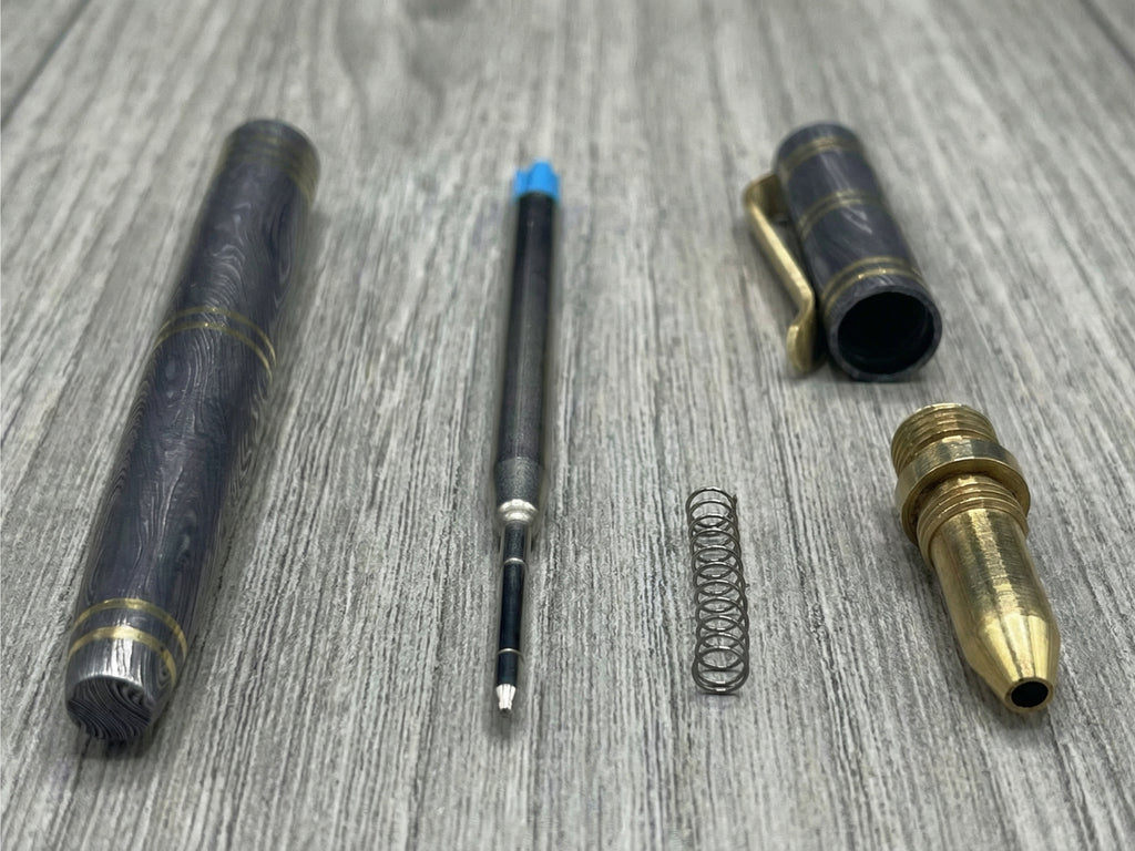 Damascus Steel Ballpoint Pen with Brass Accents - Hand-Forged - Gift Boxed